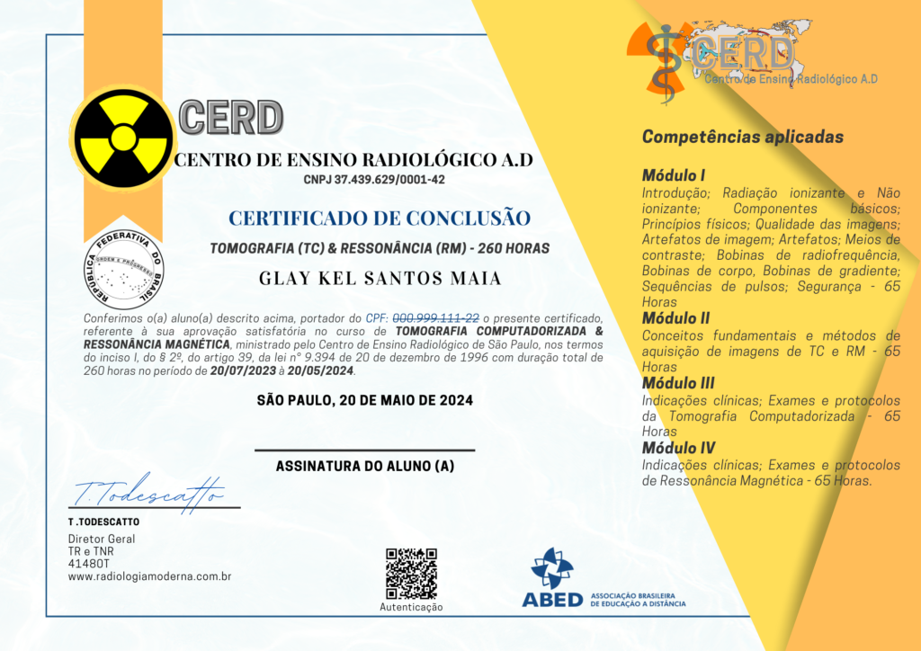 Certificado de Tomografia Computadorizada e Ressonância Magnética