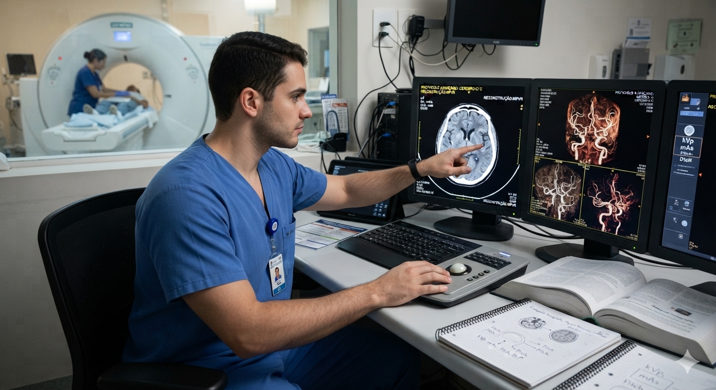 Profissional estudando imagens de Tomografia Computadorizada em workstation