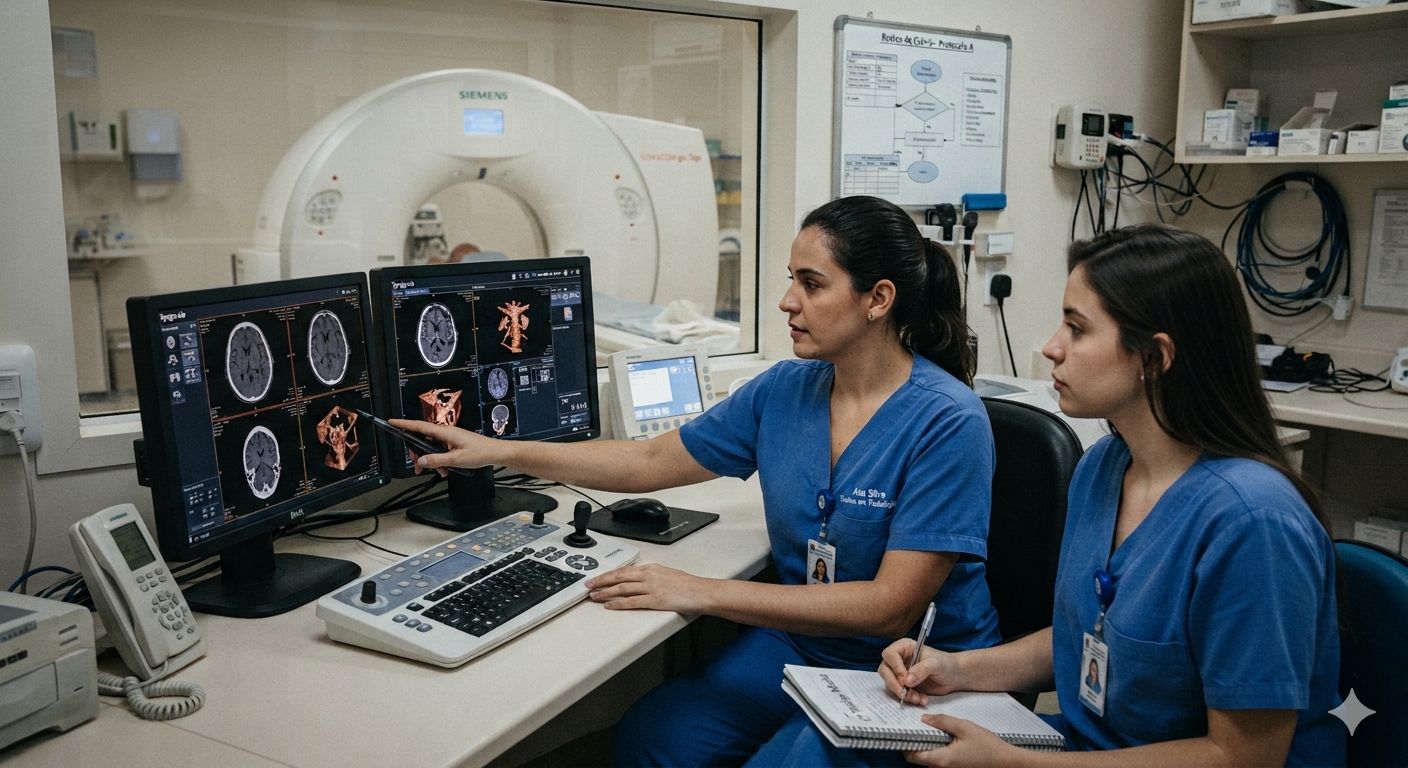 Técnico em radiologia trabalhando com Tomografia Computadorizada